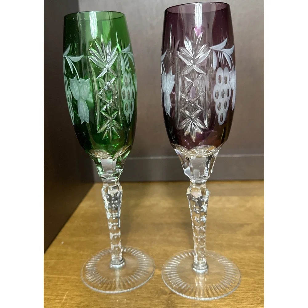 2 Ajka Crystal Glass Champagne Flutes Marsala Emerald Green & Purple 8 7/8